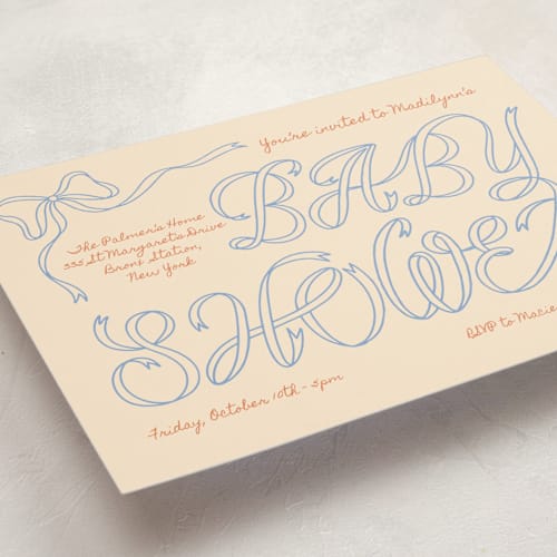 This is a citrus sky baby shower postcards with standard by Zove Ahhh called ribbon of joy printing on signature in postcard