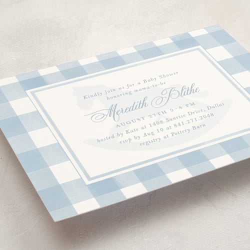 This is a sky baby shower postcards with standard by Melinda Denison called classic gingham printing on signature in postcard