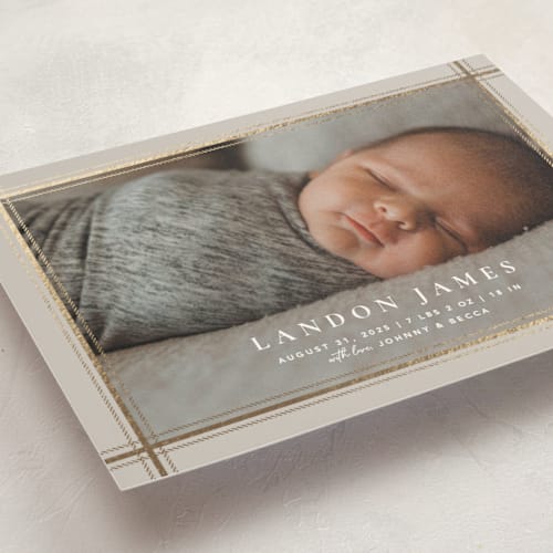 This is a clay foil stamped birth announcements with foil pressed by Robert and Stella called knit printing on signature in petite