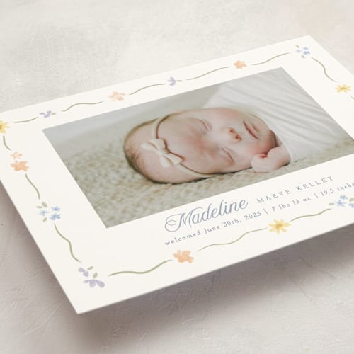 This is a bouquet petite birth announcements with standard by Robert and Stella called petite garden printing on signature in petite