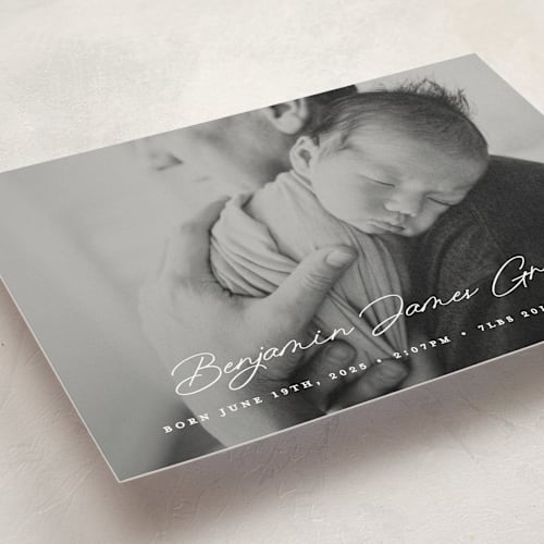This is a snow petite birth announcements with standard by Bethan called handwriting printing on signature in petite