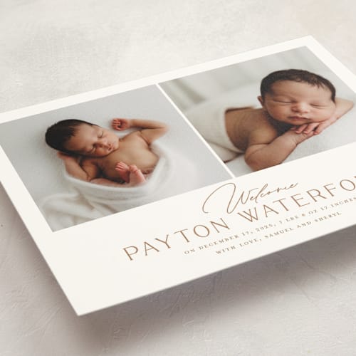 This is a cocoa petite birth announcements with standard by chocomocacino called gujiya printing on signature in petite