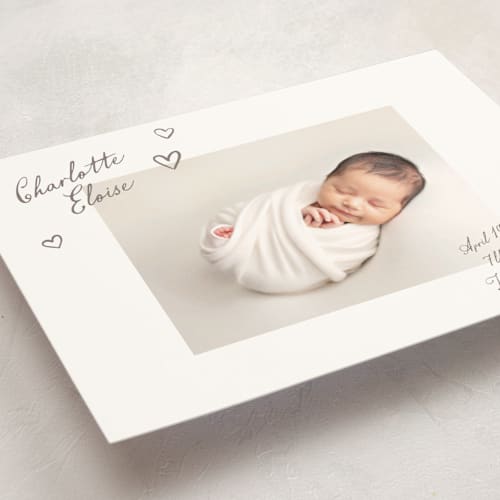 This is a sand petite birth announcements with standard by Pixel and Hank called written printing on signature in petite
