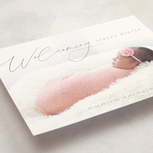 This is a gravel petite birth announcements with standard by Olivia Raufman called delightful welcome printing on signature in petite