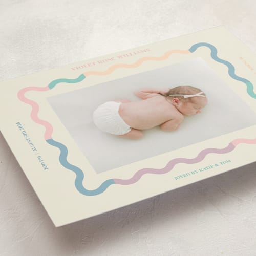 This is a cream petite birth announcements with standard by Baumbirdy called wavy pastel frame printing on signature in petite