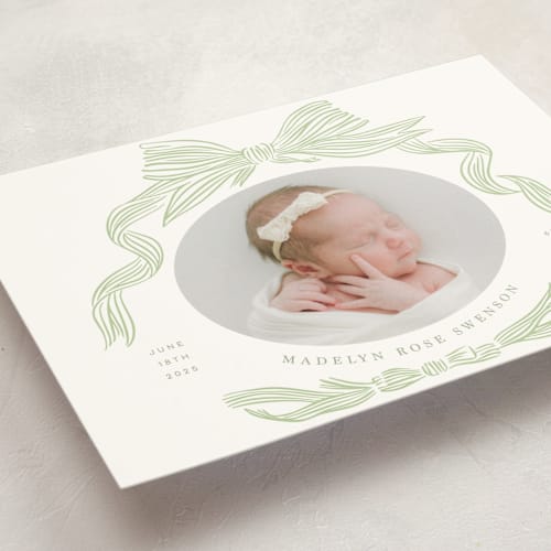 This is a mint petite birth announcements with standard by Stephanie Hawkes called ribbon bow frame printing on signature in petite