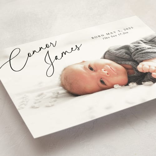 This is a obsidian petite birth announcements with standard by Kaydi Bishop called on the horizon printing on signature in petite