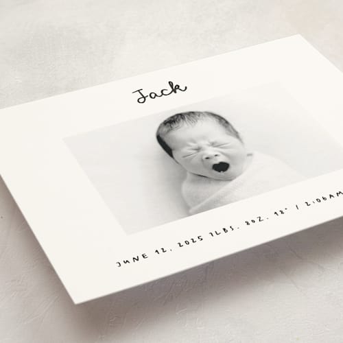 This is a snow petite birth announcements with standard by AK Graphics called cursive printing on signature in petite