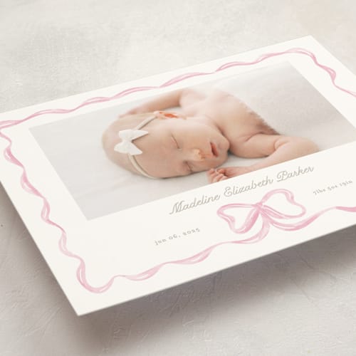 This is a peony petite birth announcements with standard by Creo Study called squiggle bow printing on signature in petite