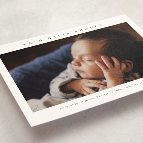 This is a cobalt petite birth announcements with standard by Stacey Meacham called simple name printing on signature in petite