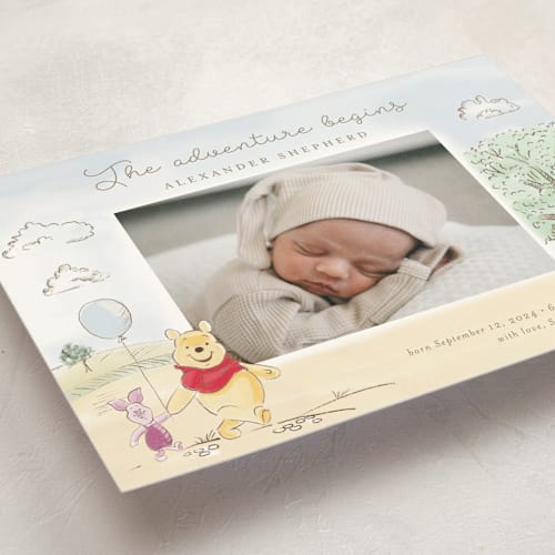 This is a sand petite birth announcements with standard by frau brandt called winnie adventure printing on signature in petite