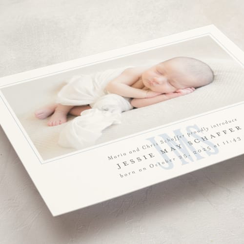 This is a sky birth announcement postcards with standard by Erin Hodges called classic monogram printing on signature in postcard