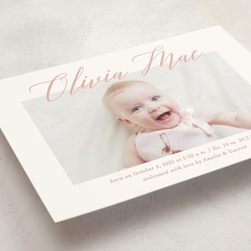 This is a sweet pea birth announcement postcards with standard by Jennifer Postorino called sweet script printing on signature in postcard