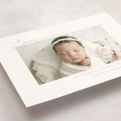 This is a rose birth announcement postcards with standard by Jenna Holcomb called sweetest printing on signature in postcard