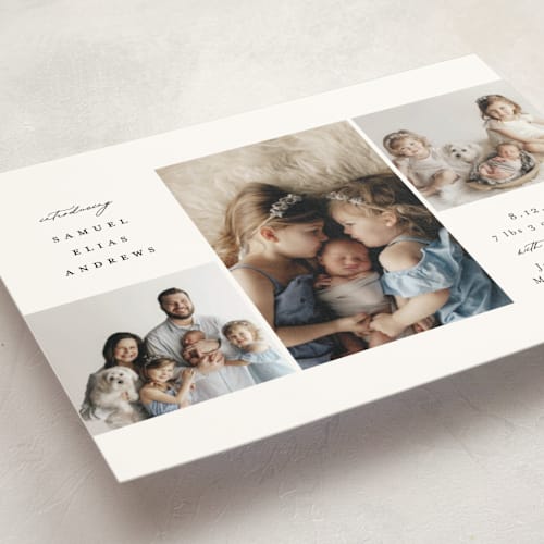 This is a noir birth announcement postcards with standard by Emily Betts called three printing on signature in postcard