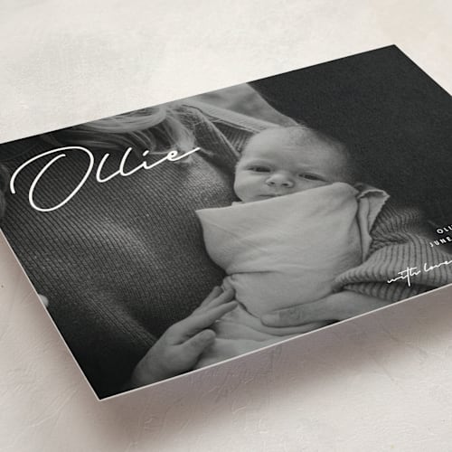 This is a cloud birth announcement postcards with standard by Brandy Folse called that's my name printing on signature in postcard
