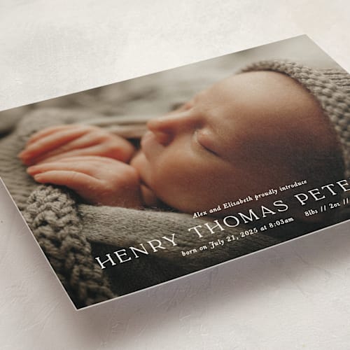 This is a powder birth announcement postcards with standard by Melissa Egan of Pistols called refined printing on signature in postcard