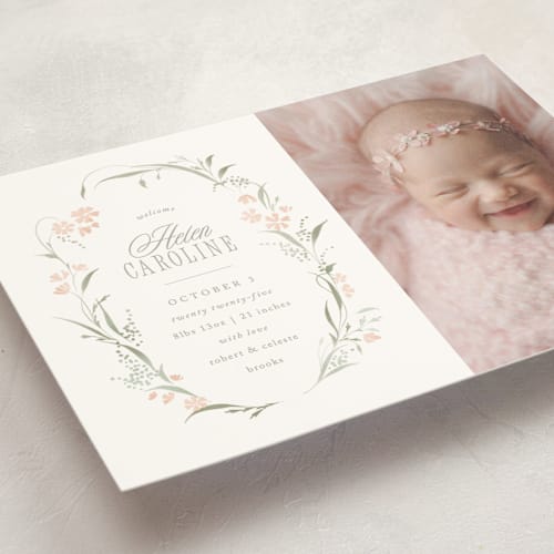 This is a sweet pea birth announcement postcards with standard by Erin L. Wilson called dottie printing on signature in postcard