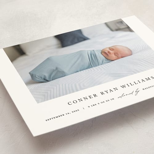 This is a onyx birth announcement postcards with standard by Pixel and Hank called dreamer printing on signature in postcard