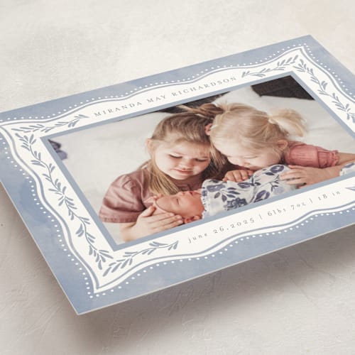 This is a cornflower birth announcement postcards with standard by Chris Griffith called baby frame printing on signature in postcard