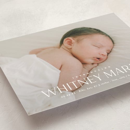 This is a cloud birth announcement postcards with standard by Carolyn MacLaren called baby classic printing on signature in postcard