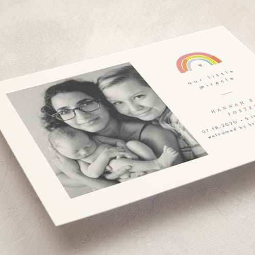 This is a bright birth announcement postcards with standard by Pixel and Hank called our little rainbow printing on signature in postcard