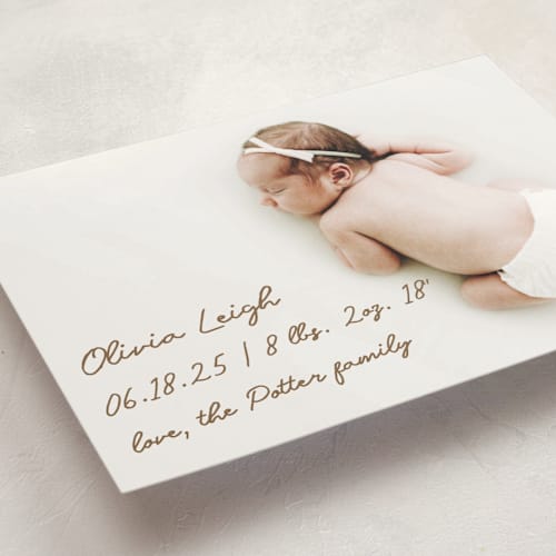 This is a bark birth announcement postcards with standard by AK Graphics called signed with love printing on signature in postcard