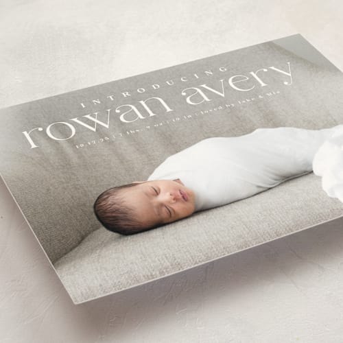 This is a cotton birth announcement postcards with standard by Olivia Raufman called exemplary printing on signature in postcard