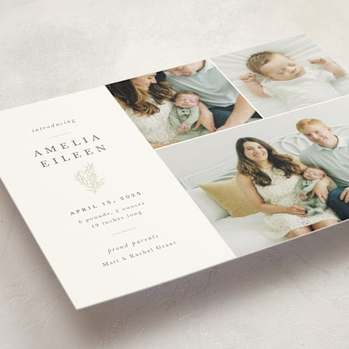 This is a sage birth announcement postcards with standard by Sarah Brown called tiny sprig printing on signature in postcard