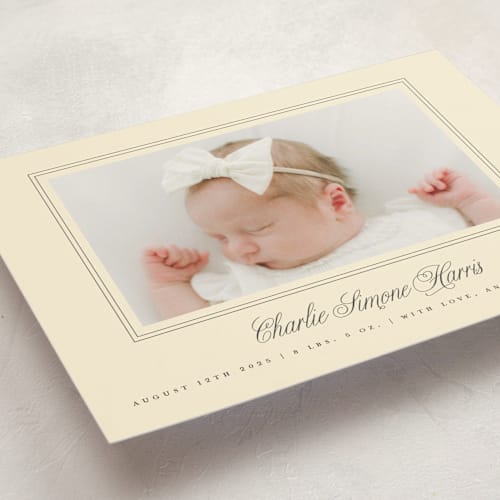 This is a creme birth announcement postcards with standard by mo kelley called classical border printing on signature in postcard