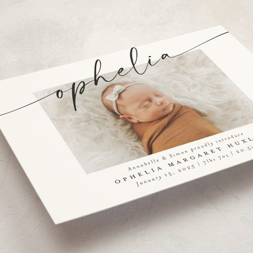 This is a coal birth announcement postcards with standard by Meggy Masters called signature name printing on signature in postcard