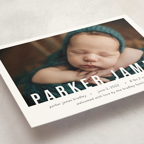 This is a cloud birth announcement postcards with standard by Wonderment Paper Co. called bold overlay printing on signature in postcard