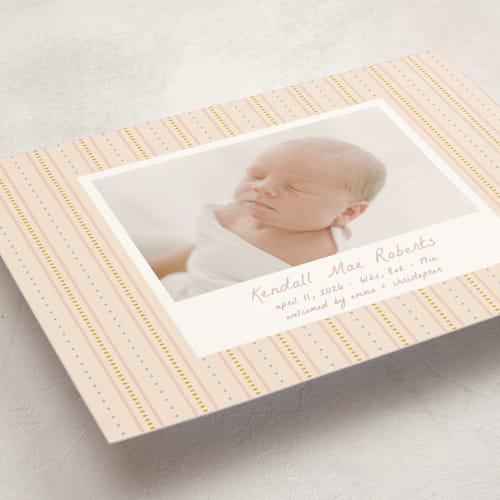 This is a blush birth announcement postcards with standard by Ellen Schlegelmilch called patterned stripes printing on signature in postcard