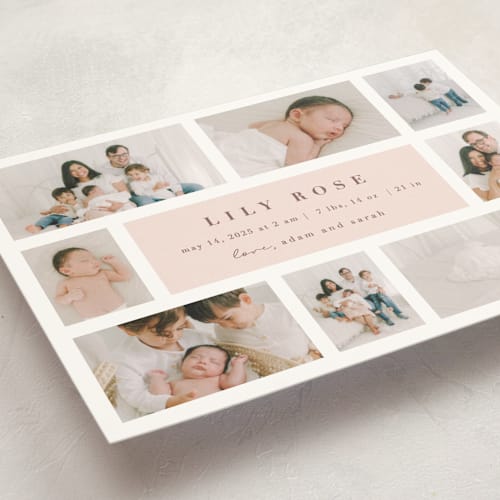 This is a blush birth announcement postcards with standard by Maria Alou called family album printing on signature in postcard