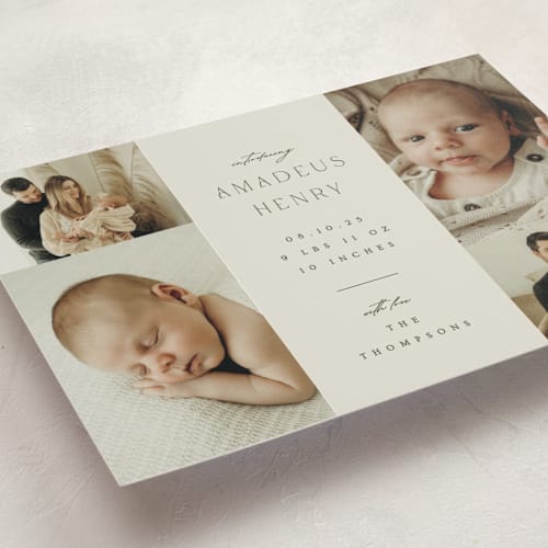 This is a boho neutral birth announcement postcards with standard by Ana Sharpe called photo stack printing on signature in postcard