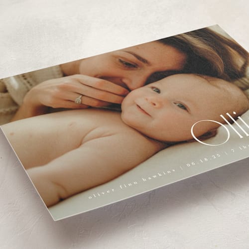 This is a cotton birth announcement postcards with standard by Kristie Kern called ollie printing on signature in postcard