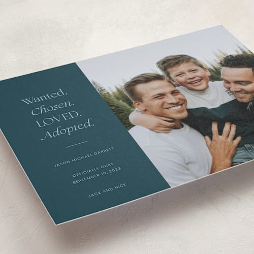 This is a jade birth announcement postcards with standard by That Girl Press called favorite things printing on signature in postcard