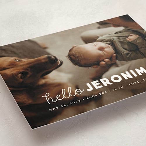 This is a cloud birth announcement postcards with standard by Snow and Ivy called meet me printing on signature in postcard