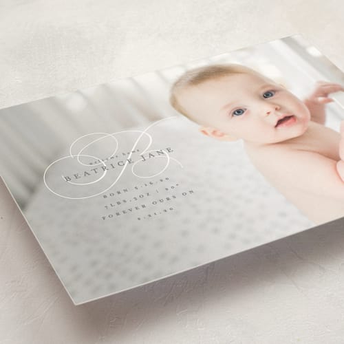 This is a silver sage birth announcement postcards with standard by Olivia Raufman called classic welcome printing on signature in postcard