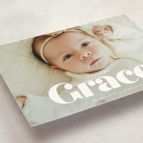 This is a pearl birth announcement postcards with standard by Lori Wemple called name printing on signature in postcard
