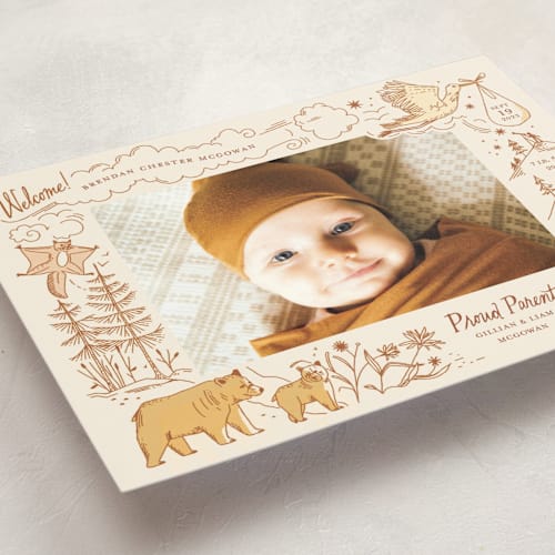 This is a cream birth announcement postcards with standard by Morgan Ramberg called baby bear printing on signature in postcard