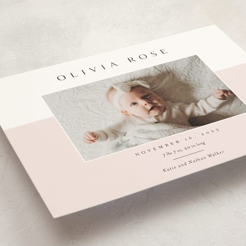 This is a peony birth announcement postcards with standard by Kasia Labocki called cherished printing on signature in postcard