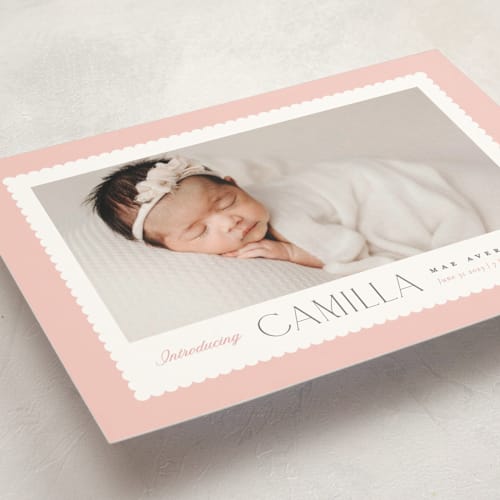 This is a rose birth announcement postcards with standard by Robert and Stella called sweet scallop printing on signature in postcard