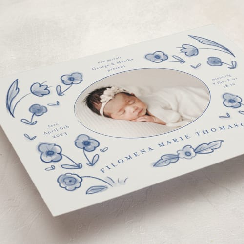 This is a delft blue birth announcement postcards with standard by Ani Somi called painted flowers printing on signature in postcard