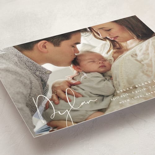 This is a powder birth announcement postcards with standard by Sara Hicks Malone called delicate printing on signature in postcard