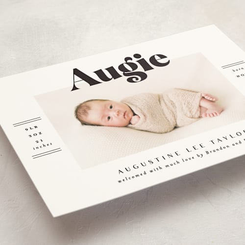 This is a ash birth announcement postcards with standard by Alethea and Ruth called bold name frame printing on signature in postcard