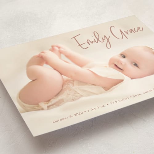 This is a dusty rose birth announcement postcards with standard by Lorena Depante called elegance in the name printing on signature in postcard