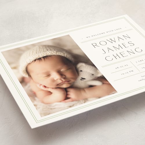 This is a lime birth announcement postcards with standard by Shirley Lin Schneider called birth stats label printing on signature in postcard
