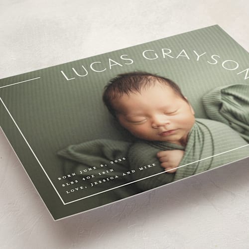 This is a snow birth announcement postcards with standard by Lauren Chism called take shape printing on signature in postcard