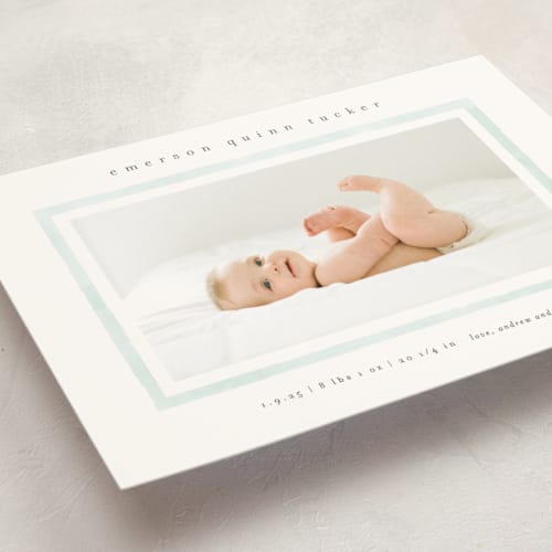 This is a mint birth announcement postcards with standard by Lauren Chism called golightly printing on signature in postcard